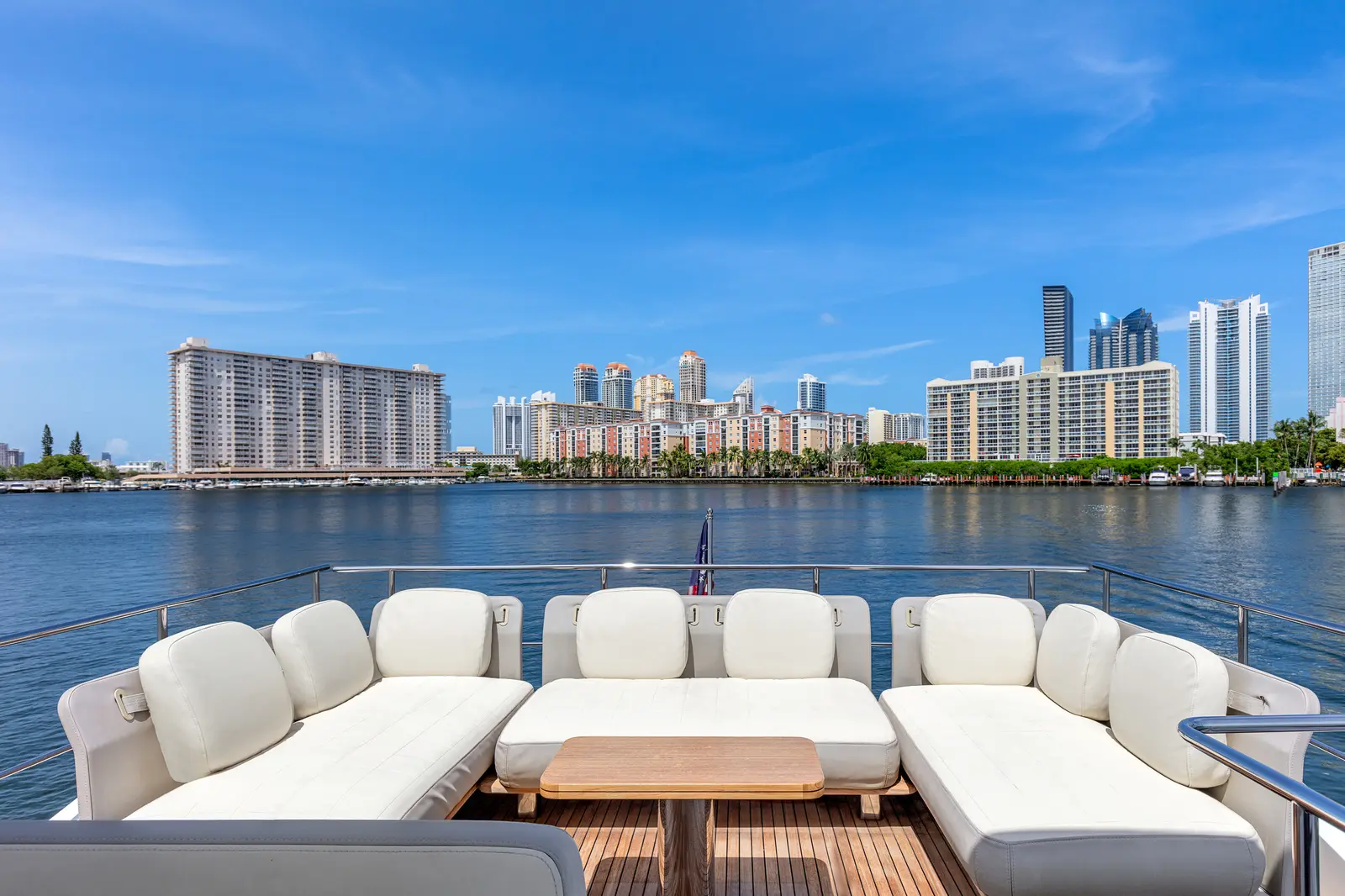Azimut 68 "Le Grand Bleu" flybridge lounge facing the skyline