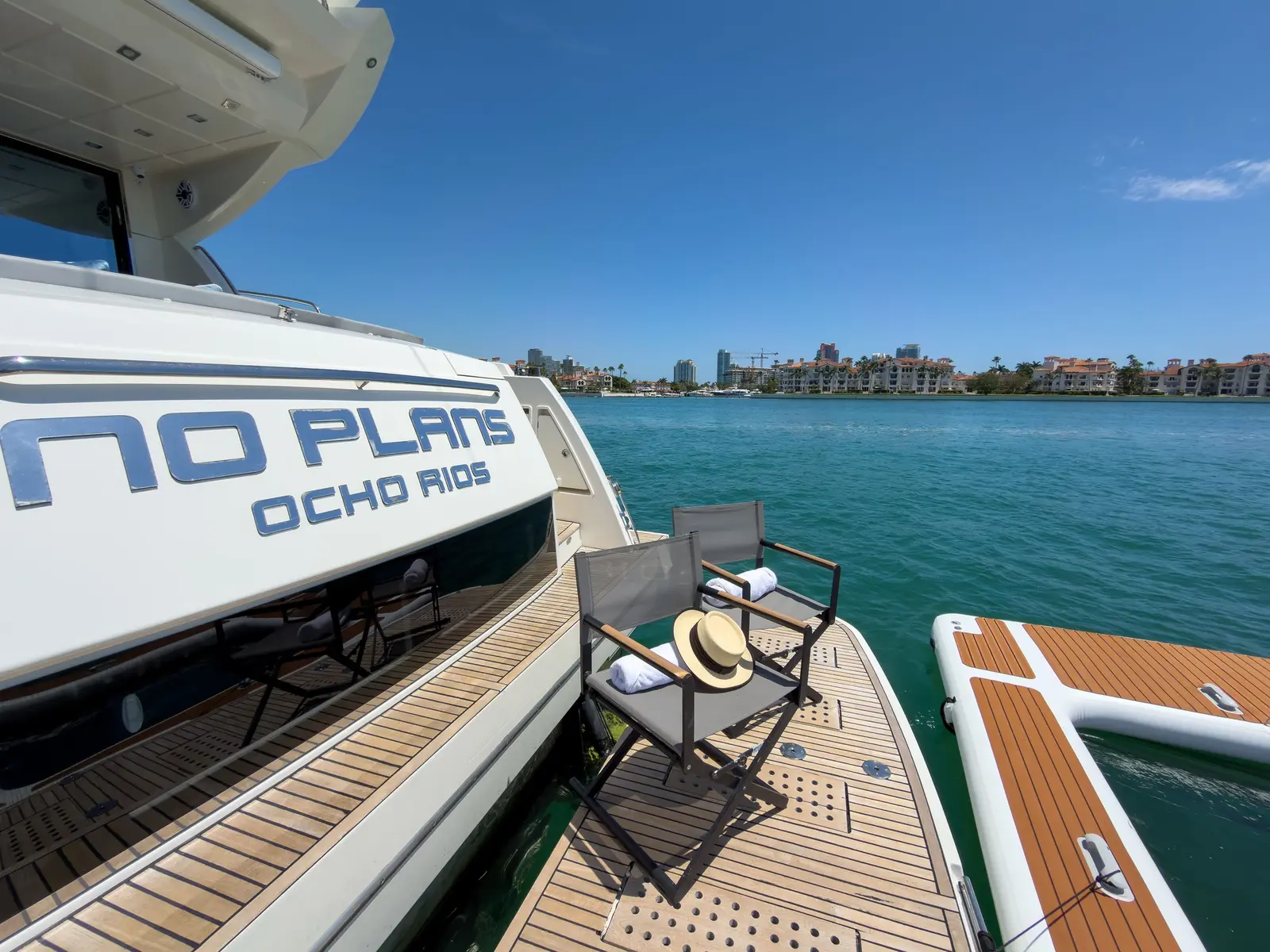 Prestige 65 "No Plans" stern name and aft deck
