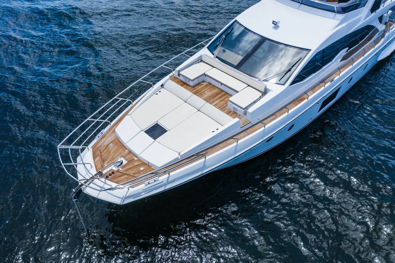 Azimut 68 "Le Grand Bleu" bow and foredeck sun pad from above