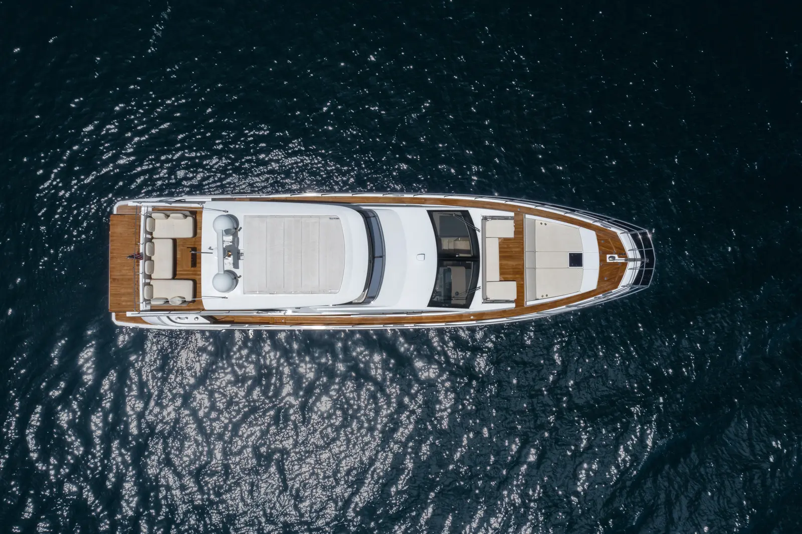 Azimut 68 "Le Grand Bleu" flybridge and aft deck from directly above