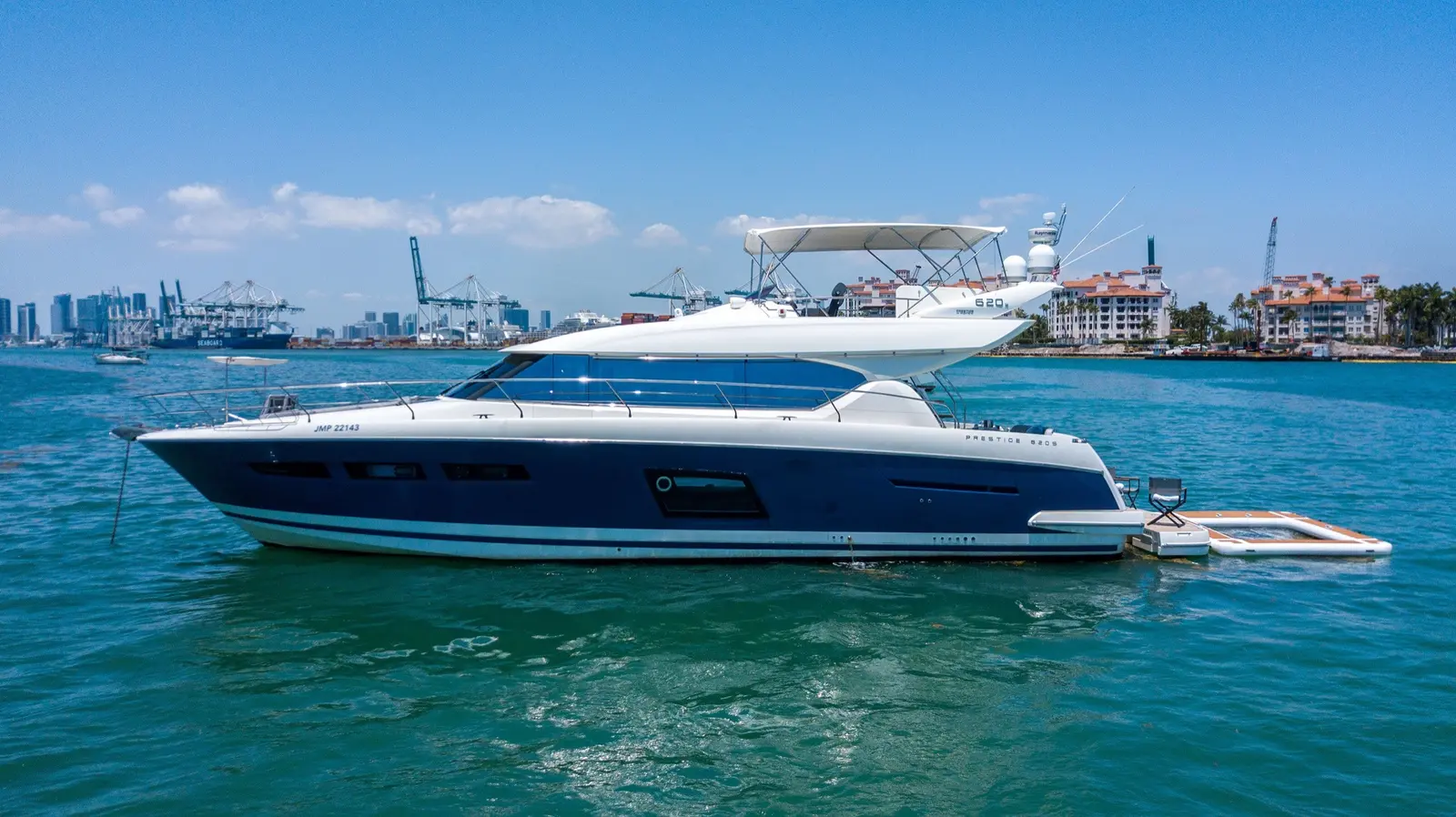 Prestige 65 "No Plans" side profile on Biscayne Bay