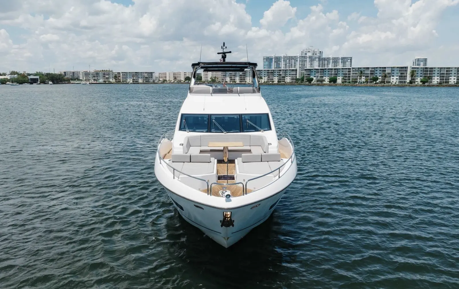 Sunseeker 80 bow-on view at anchor