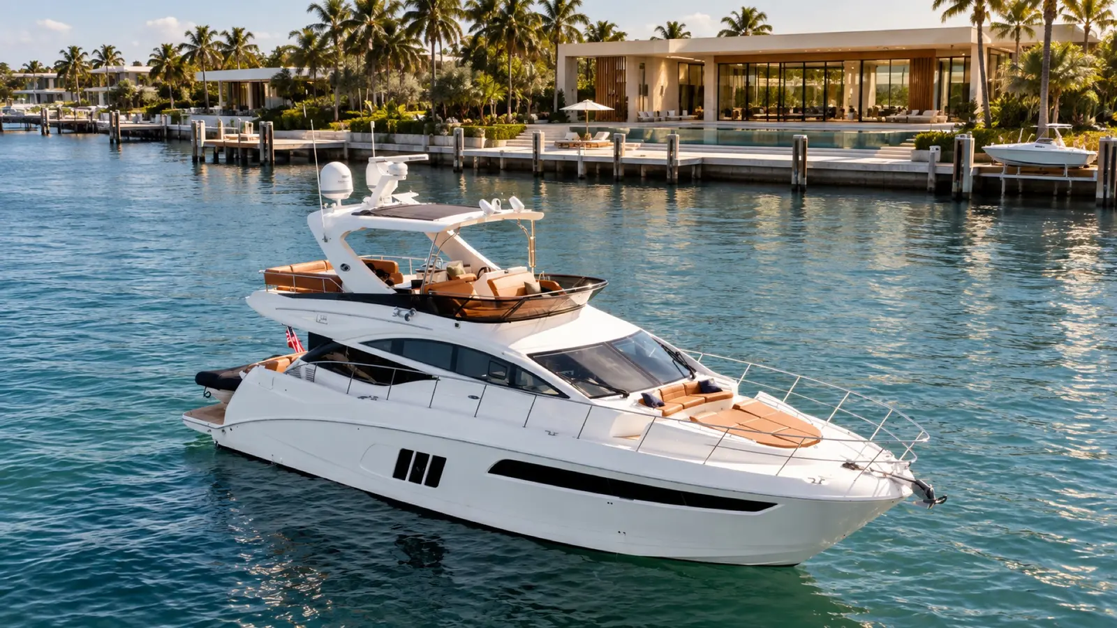 Sea Ray 64 at anchor in front of a waterfront villa