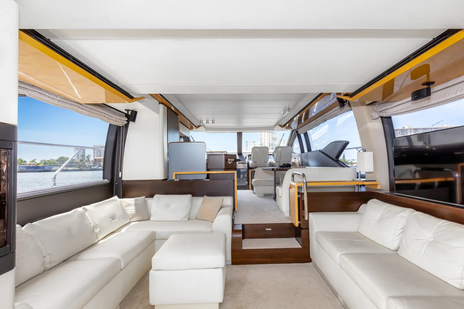 Azimut 68 "Le Grand Bleu" salon lounge and helm, looking forward