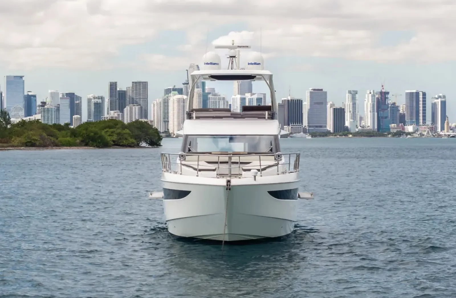Galeon 53 flybridge yacht with the Miami skyline behind