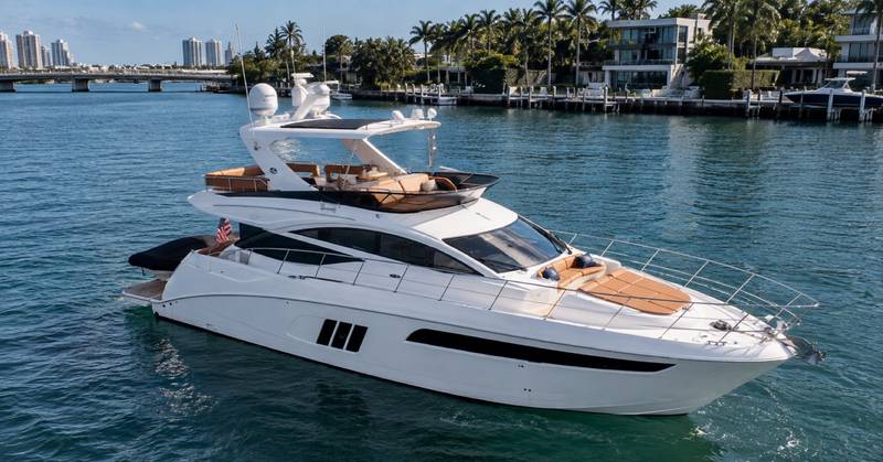 Sea Ray 64 side profile with the flybridge and sun pads
