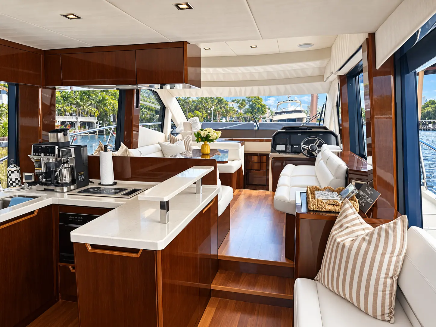 Galeon 53 galley with wood cabinets