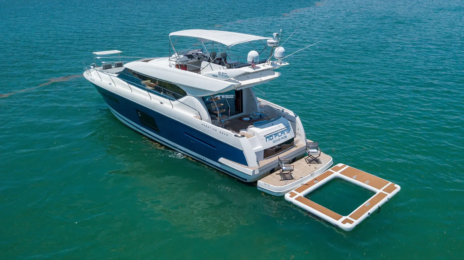 Prestige 65 "No Plans" aerial view with the floating pool